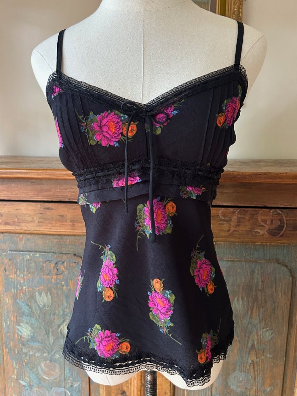 Betsey Johnson New York Floral Print Ribbon Lace Camisole